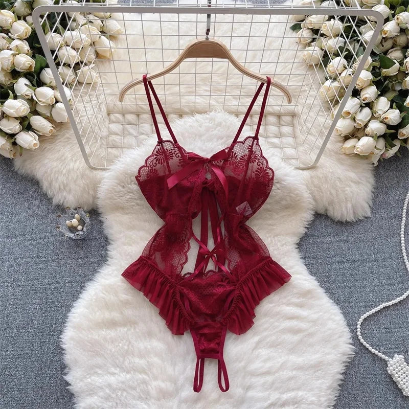 0023 Women's Secret Clothes Erotic Lingerie Sexy V-Neck Lace Up Sleeveless Playsuit Red Patchwork Santa Claus Roleplay