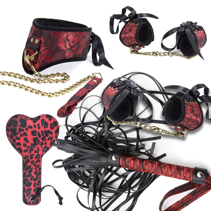 Tails Whip Adjust Classical Chinoiserie Embroidery Collar Elegant Ribbon BDSM Bondage HandCuffs Foot Cuff Erotic Toys For Women