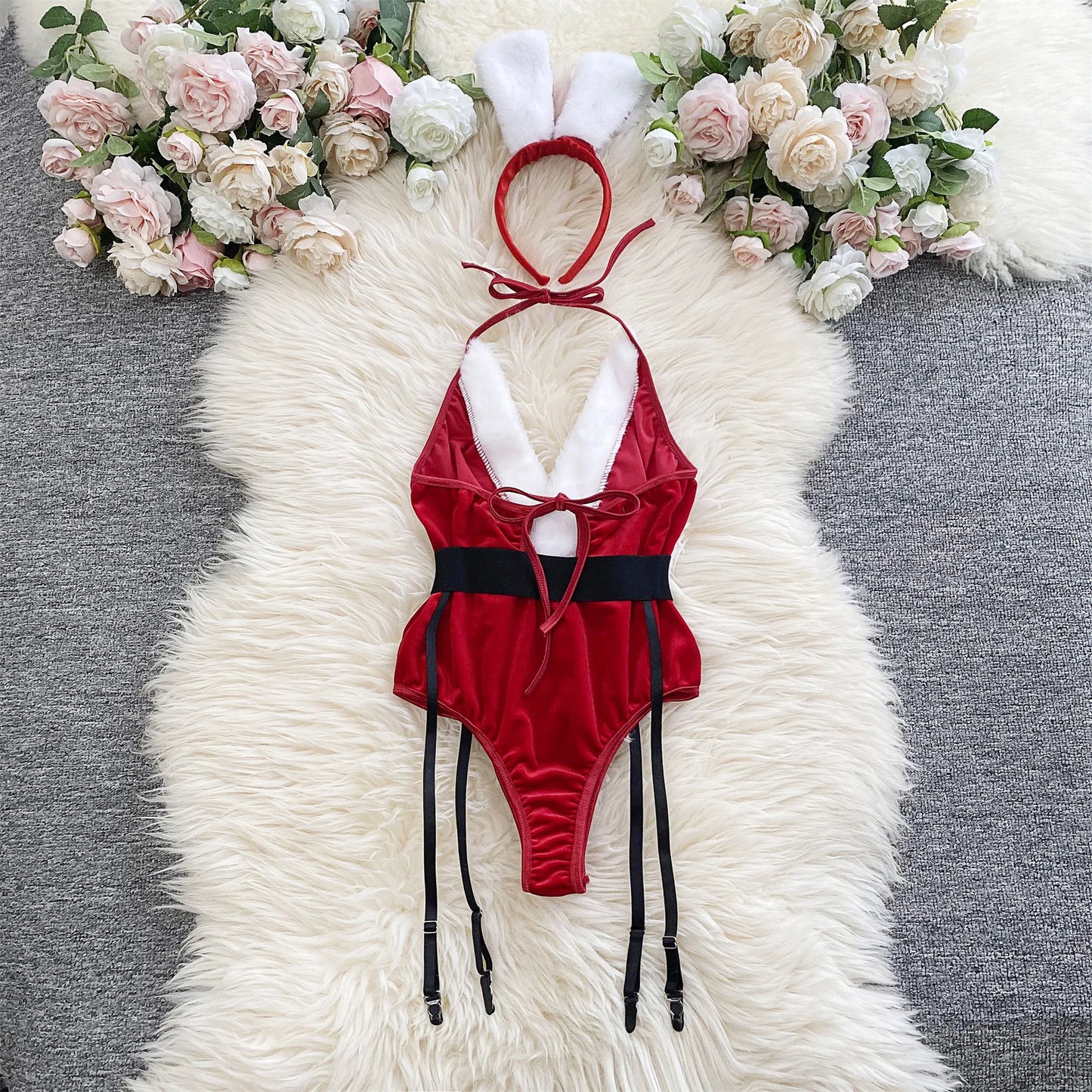 Sexy Lingerie Cosplay Rabbit girl Jumpsuit Belt Women New In Clothies Backless Hollow Out Lace-up Bodysuit Sweet