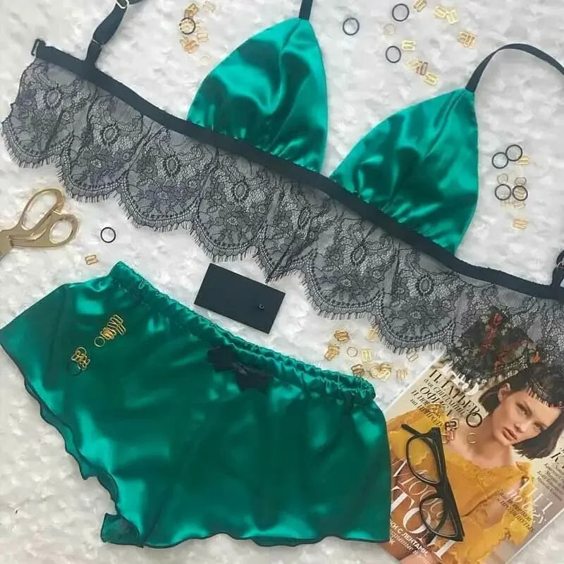 012 New Women Pajama Sets Sexy Lingerie Underwear Silk Satin Pajamas Crop Tops Bra+Shorts Sets Sexy V-Neck Sleeveless Nightwear