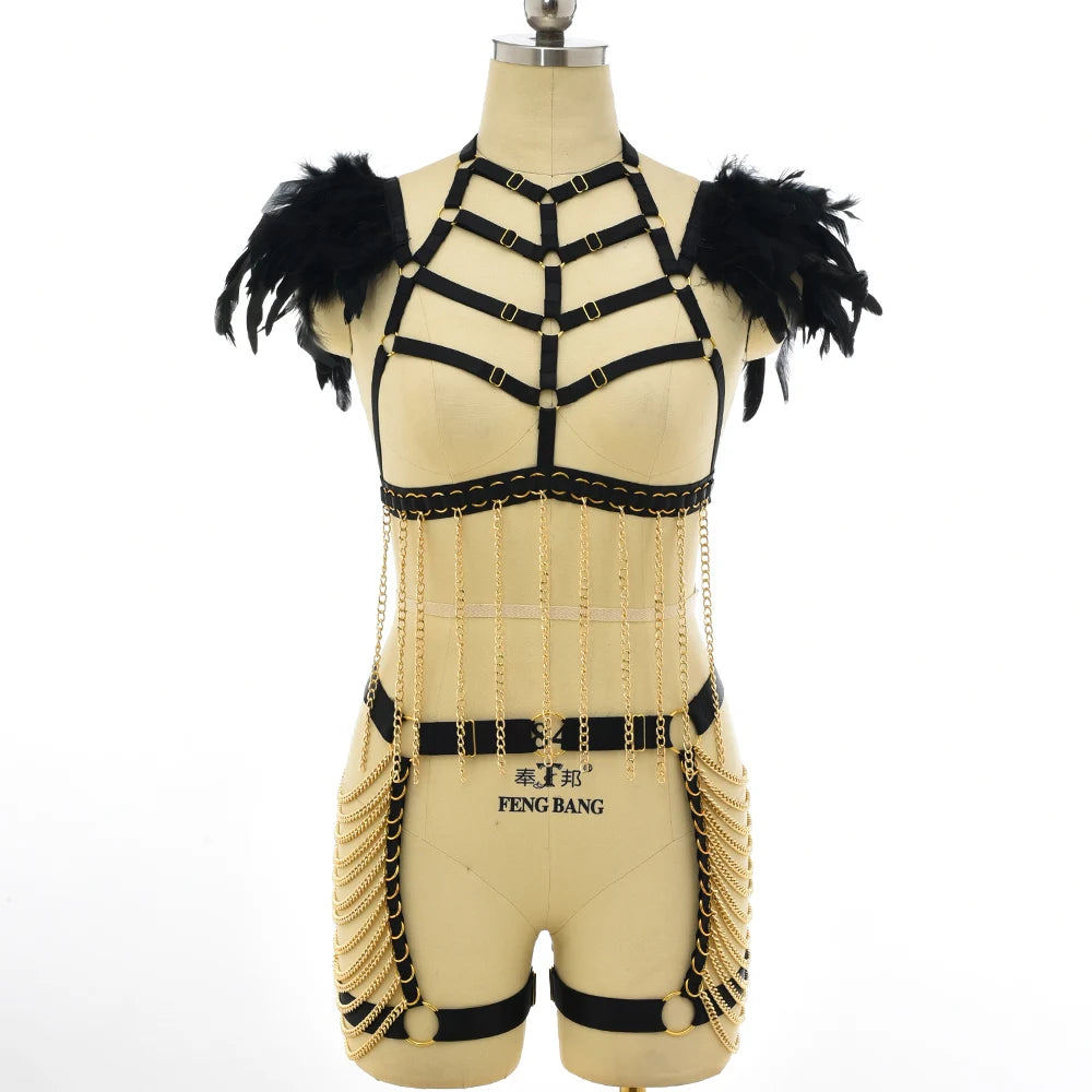 Black Gold Color Accessories Body Harness Lingerie Set Sexy Adjustable G-String Briefs Bondage Crop Top Body Chain Harness Cage