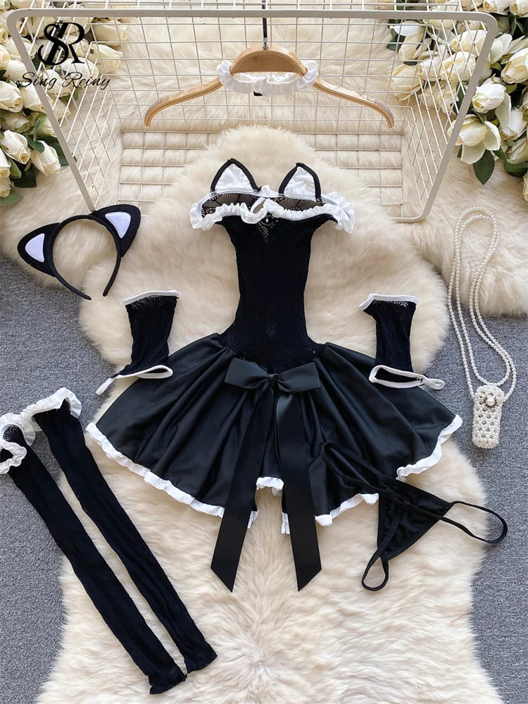 0025 SINGREINY Women Cute Cat Erotic Night Dress Strapless Slim Bow Backless Nightwear Female Hollow Out Sheer Uniform Sexy Pajamas