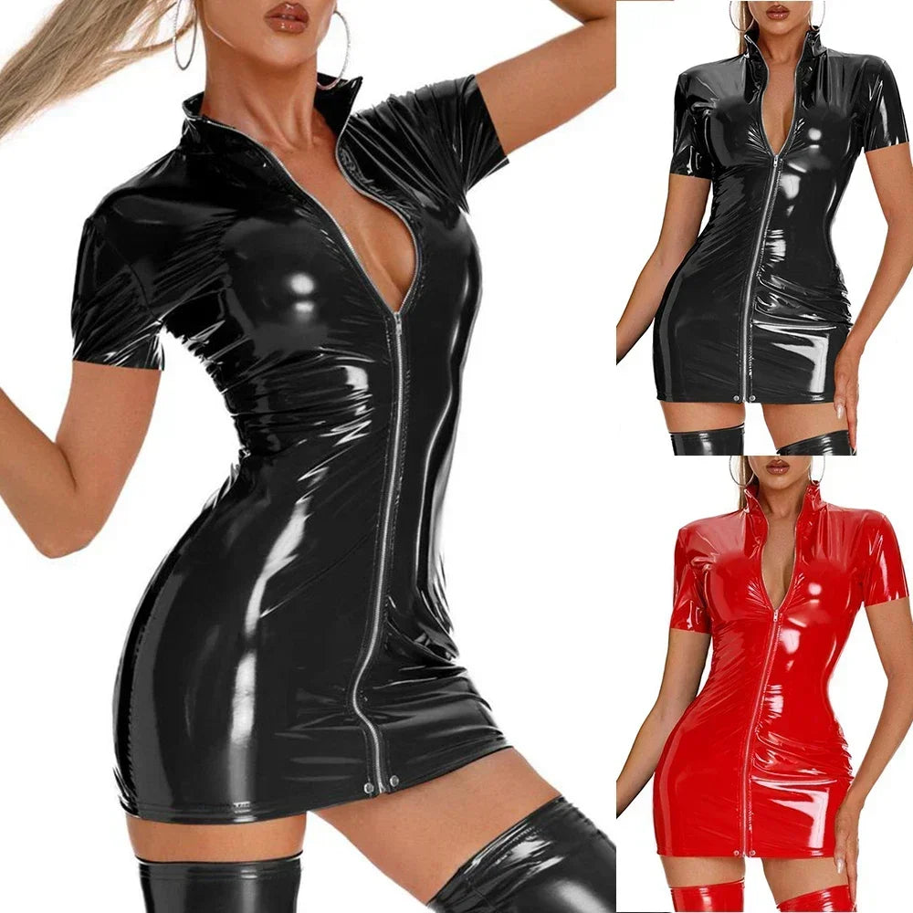 0018Dare to Be Different in This Women's Short Sleeve Bodycon Dress Faux Latex Wetlook Leather in Black or Red Sizes M 3XL