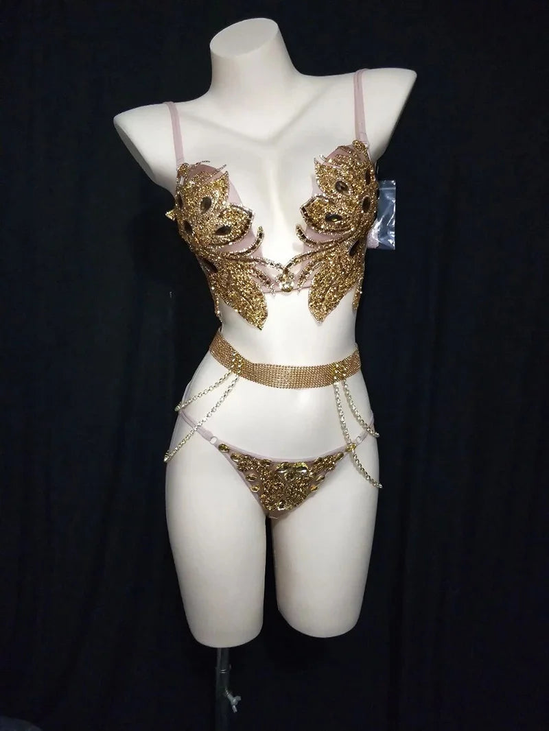 0021 Diamond Bra Gold Black Silver Rhinestones Bikini Set DJ Nightclub Bar Sexy Performance Costume Women Stage Wear Pole Dancing