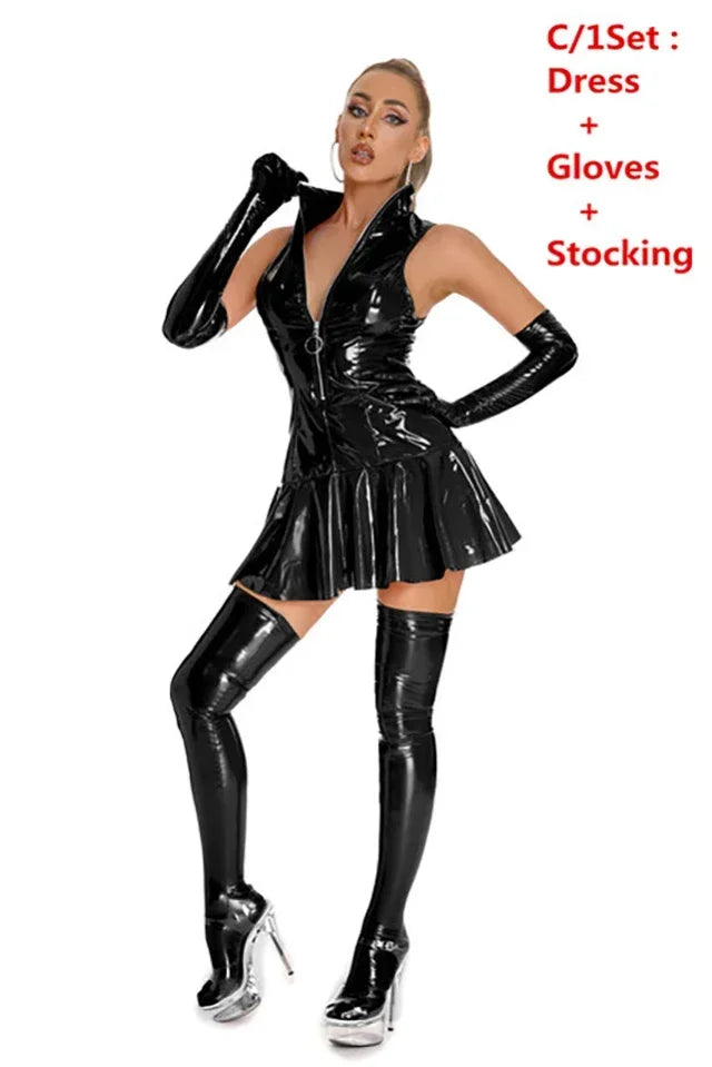 0025 Women's Leather Dress Plus Size Women Sexy Shiny PVC Latex Mini Skirt With Gloves And Stocking Pole Dance Pleated Latex Dress