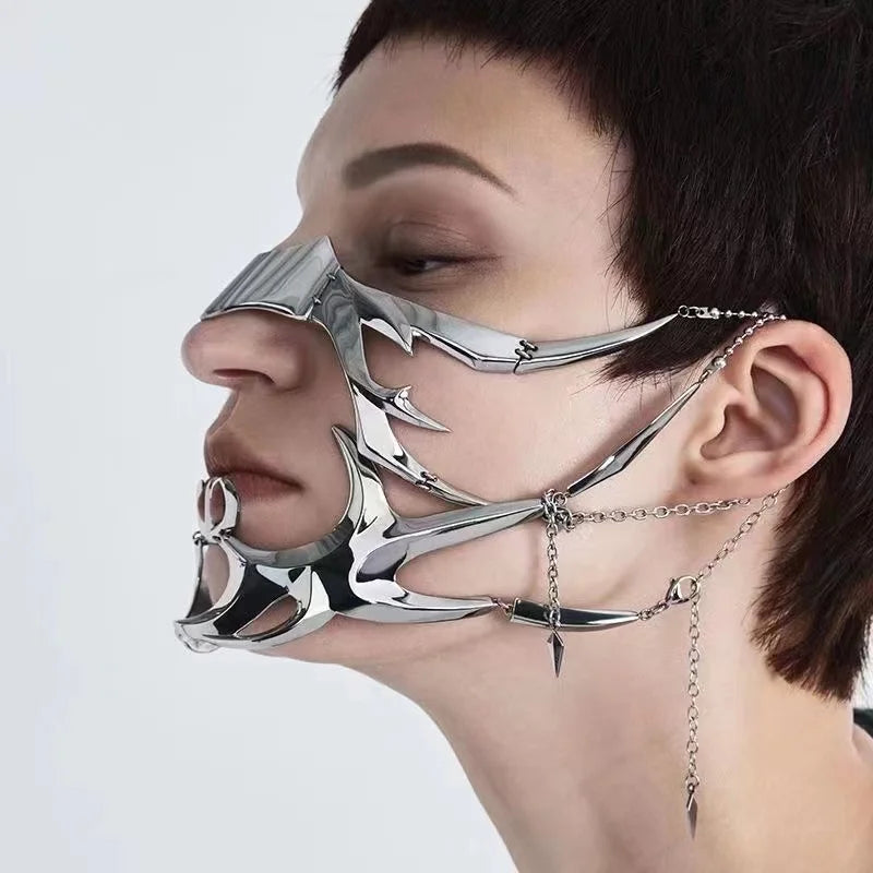Metal Mask Fluid Mechanical Style Earring Lip Ring Adjustable Face Decoration for Men and Women Halloween Face Ornament