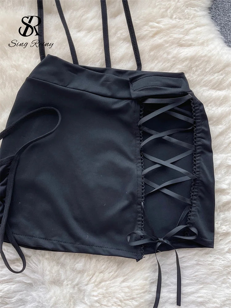 0025 SINGREINY Women Preppy Style Sexy Uniform Sets 2023 V Neck Sheer Top+Lace Up Mini Skirt+Thongs Hollow Out Cosplay Porn Suits