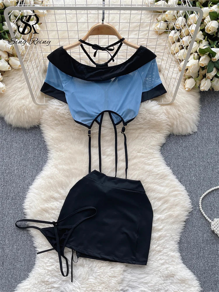 0025 SINGREINY Women Preppy Style Sexy Uniform Sets 2023 V Neck Sheer Top+Lace Up Mini Skirt+Thongs Hollow Out Cosplay Porn Suits