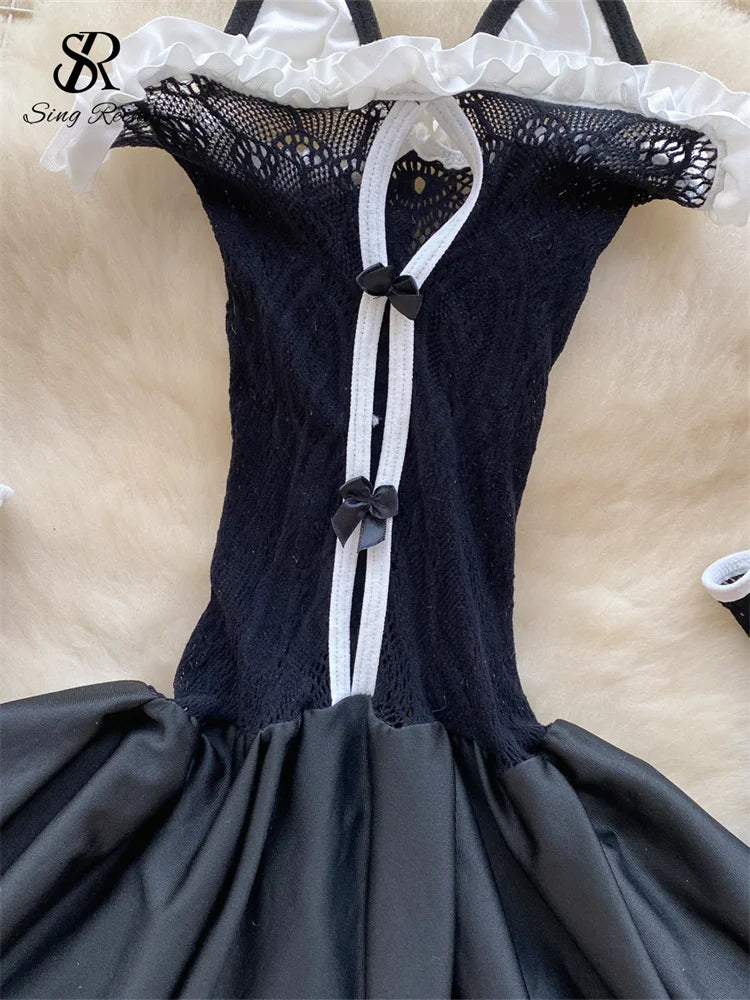 0025 SINGREINY Women Cute Cat Erotic Night Dress Strapless Slim Bow Backless Nightwear Female Hollow Out Sheer Uniform Sexy Pajamas