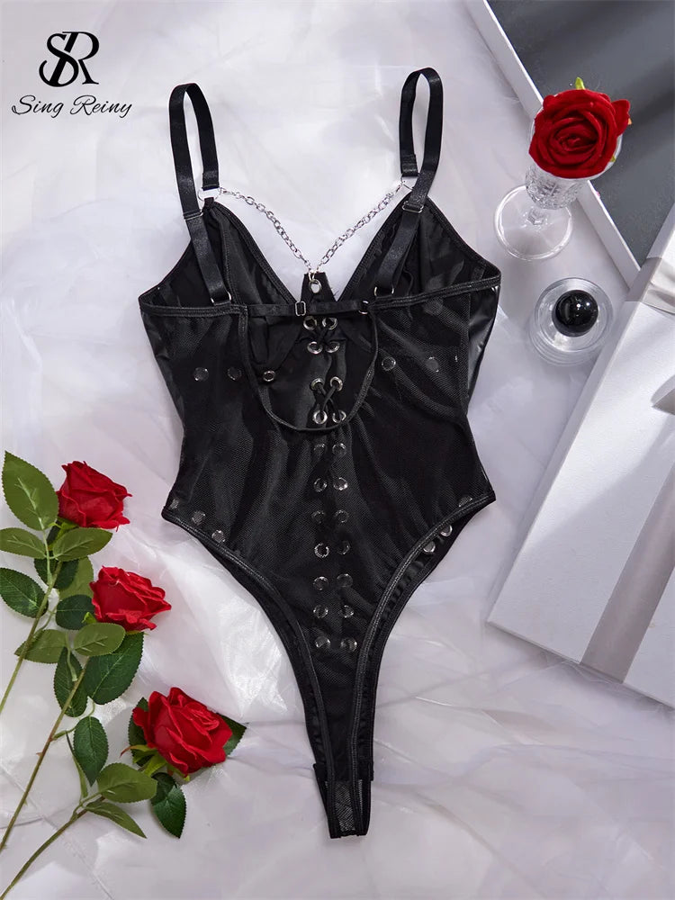 0025 SINGREINY Porno Underwear Camis Leather Bodysuits Chain Spliced Bandage Sheath Rompers Fashion PU Backless Erotic Sexy Playsuits