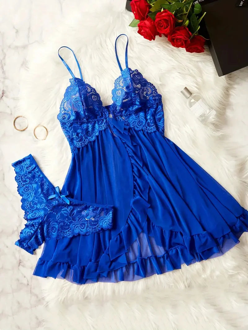 0021 Contrast Lace Ruffle Trim Lingerie Set, Deep V Slip Dress & Thong, Women's Sexy Lingerie & Underwear
