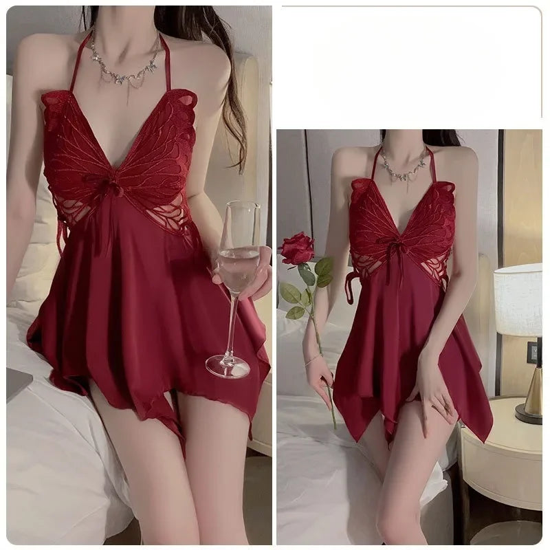 0025 New Women Bow Lace Nighty Robe Sexy Lingerie Thin Silk Satin Nightgowns Pajama Dress Female Backless Sexy Sleepwear