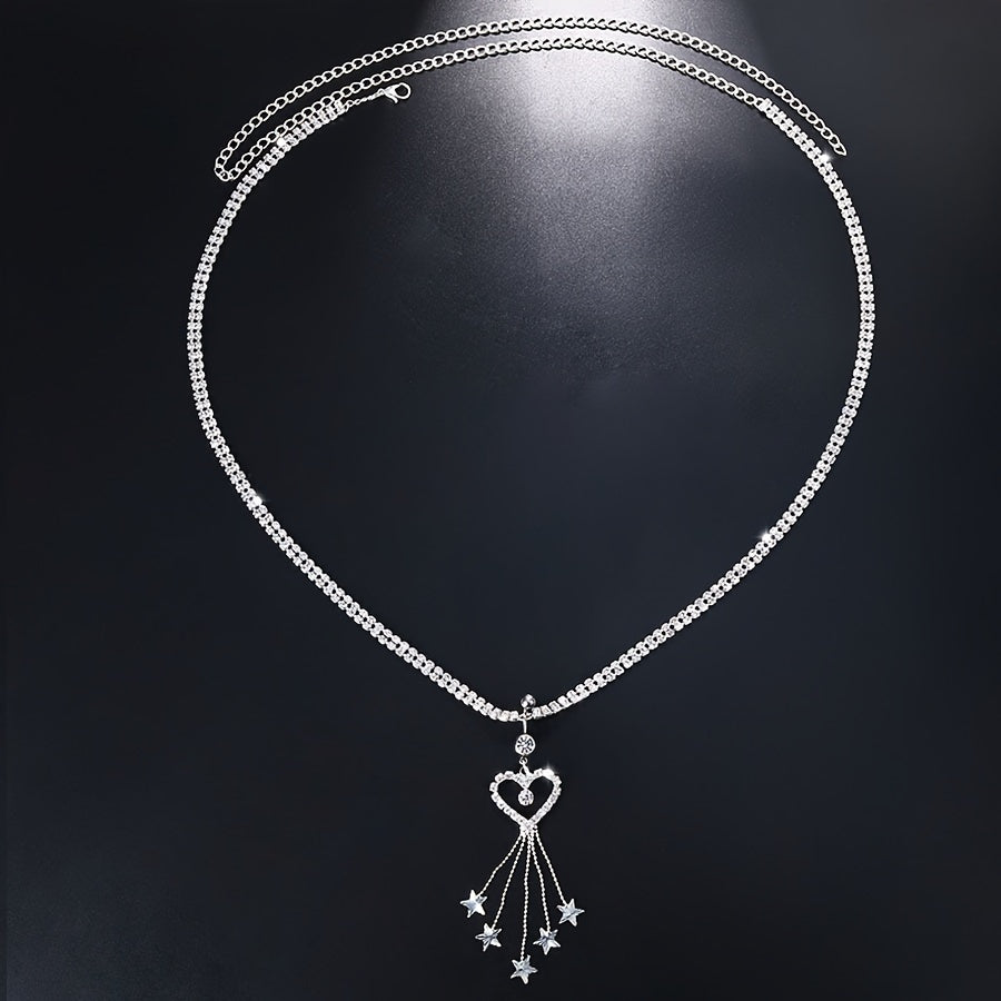 Chic Silvery Tassel Heart Belly Button Ring - Sexy Rhinestone Waist Chain for Women, Perfect for Parties & Festivals