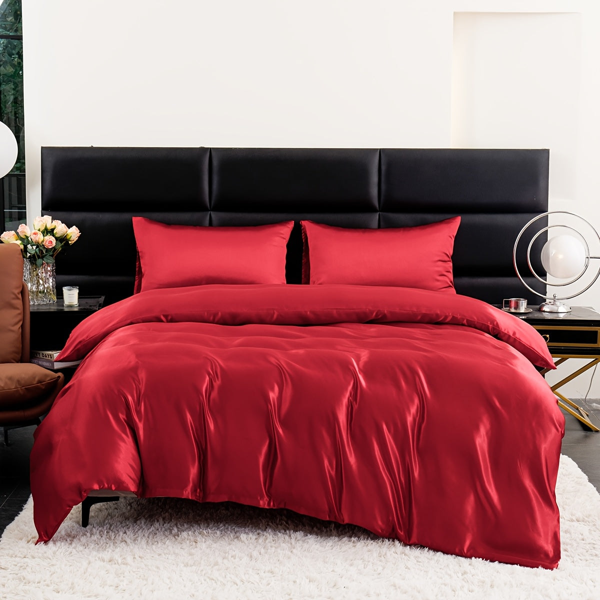3pcs Luxurious Satin Bedding Set - Soft & Breathable Polyester, Includes 1 Duvet Cover and 2 Pillowcases, Machine Washable, Perfect for All Seasons