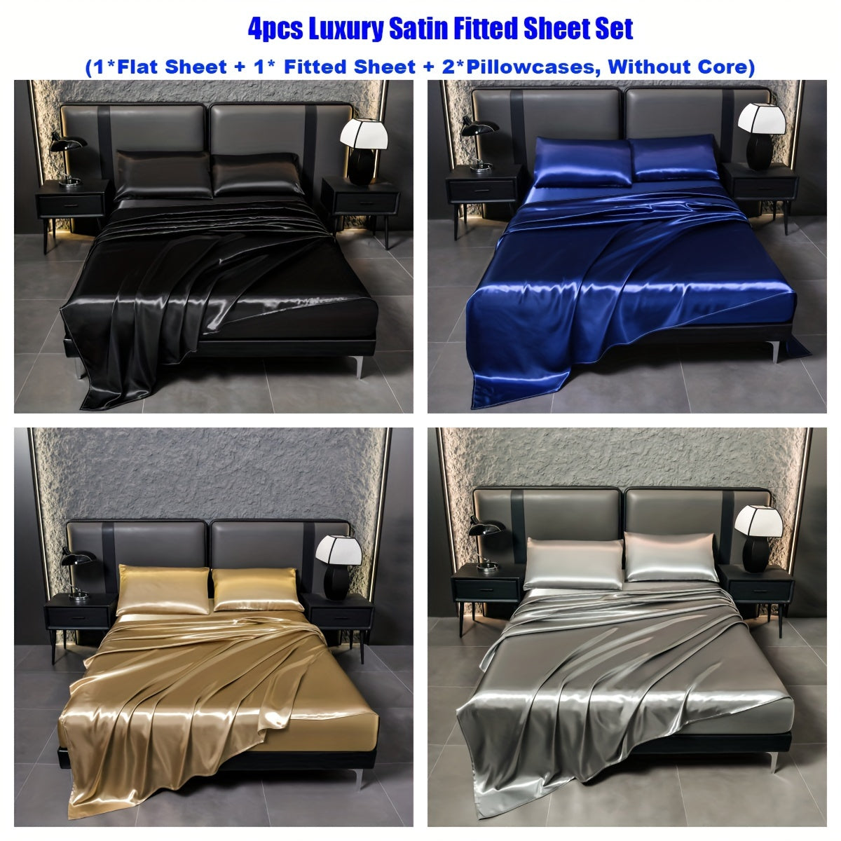Deluxe satin fitted bed sheet set (1pc flat bed sheet +1pc fitted bed sheet +2pcs pillowcase, without core) high brightness, non-slip, breathable, reversible, long washing as new, suitable for bedrooms, guest rooms, hote