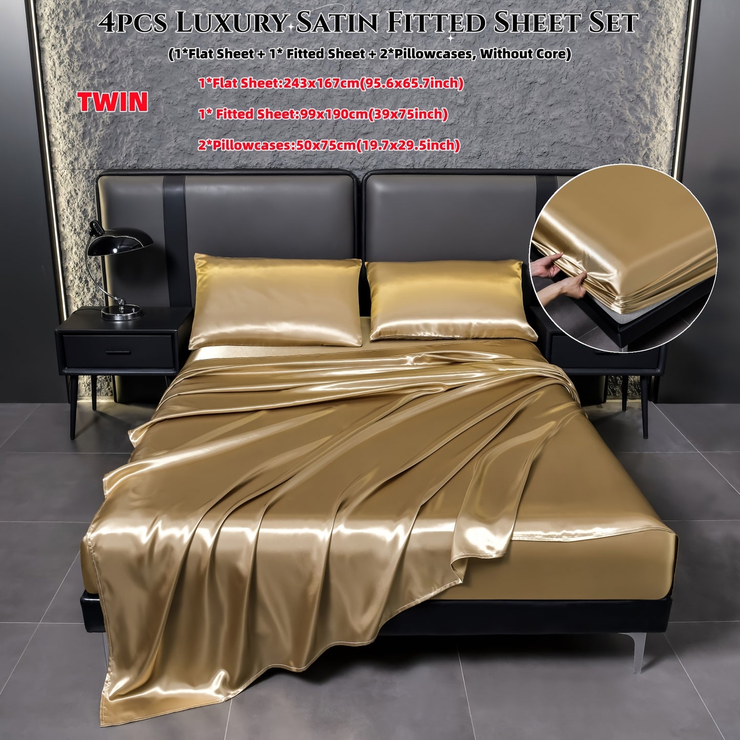 Deluxe satin fitted bed sheet set (1pc flat bed sheet +1pc fitted bed sheet +2pcs pillowcase, without core) high brightness, non-slip, breathable, reversible, long washing as new, suitable for bedrooms, guest rooms, hote
