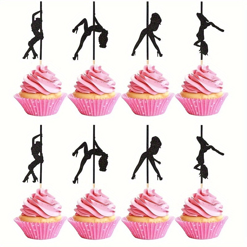 12PCS Sports Themed Pole Dancer Cake Toppers - Versatile Paper Cupcake Picks for Birthday, Anniversary, Bachelor Party, Bar & Bat Mitzvah - Elegant Black Glitter Decorations, No Feather, Non-Electric
