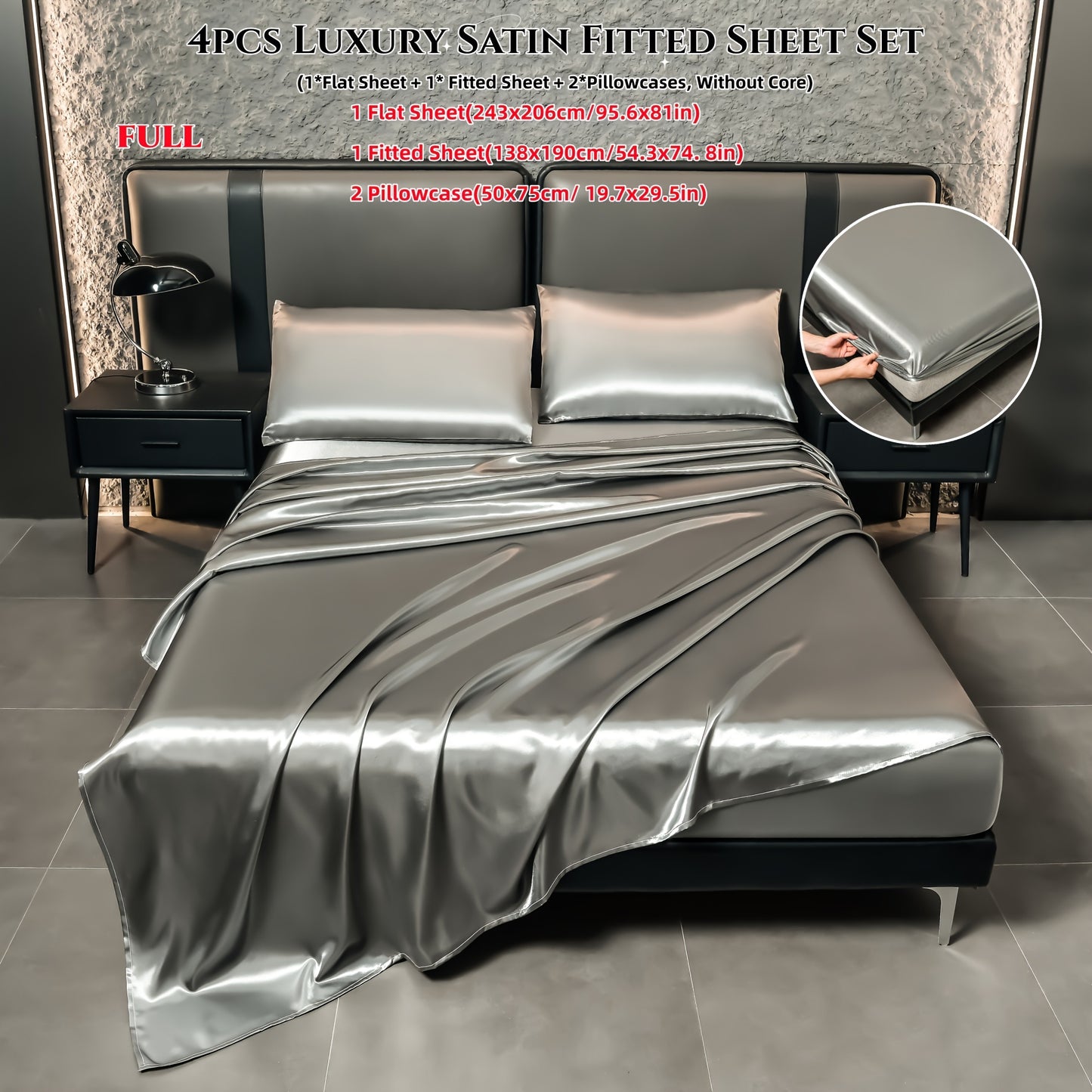 Deluxe satin fitted bed sheet set (1pc flat bed sheet +1pc fitted bed sheet +2pcs pillowcase, without core) high brightness, non-slip, breathable, reversible, long washing as new, suitable for bedrooms, guest rooms, hote