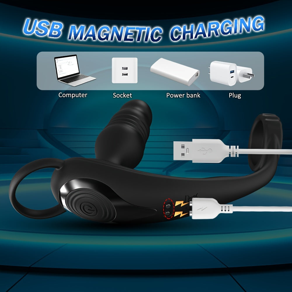 Black Blue Dual Motor Anal Plug Vibrator: Prostate Massager with Ring Plug, Remote Control, 10 Thrust & Vibration Modes, G-spot Stimulation , USB Charging, Latex Material