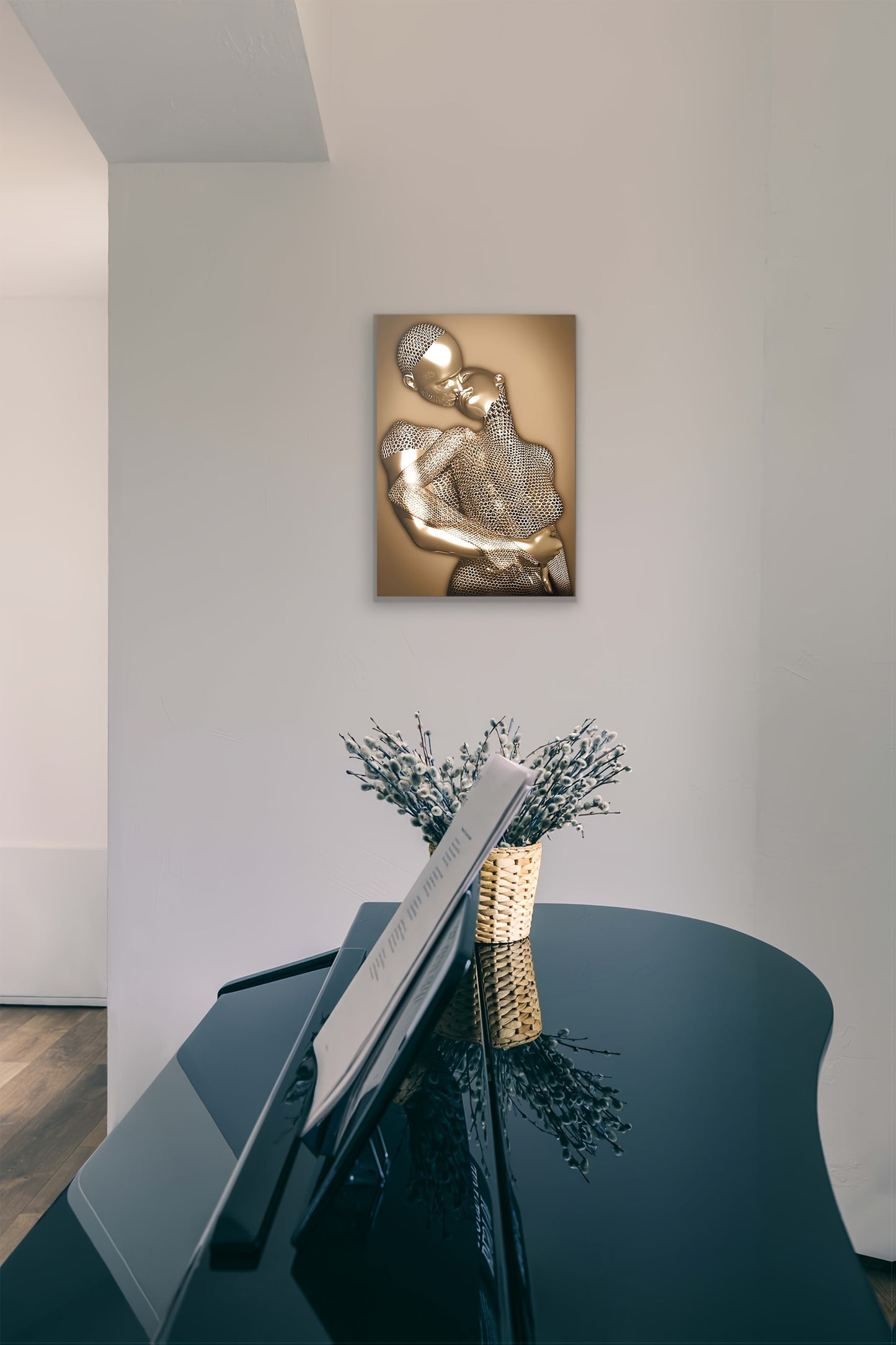 Romantic Golden Embrace Wall Art Poster, 30.48x45.72 cm - Frameless, Perfect for Bedroom, Living Room, Dining Area, and Bathroom Decor