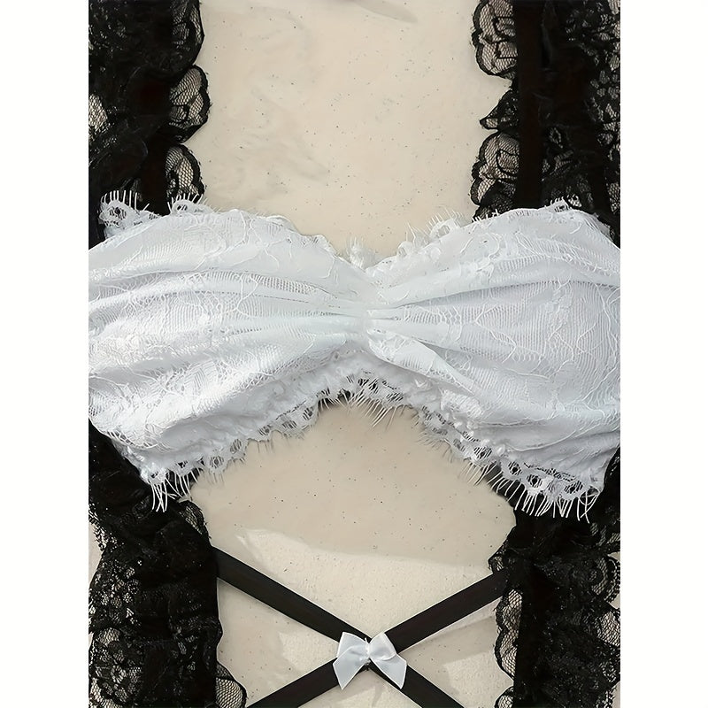 Cute Embroidered Mesh Teddy Bodysuit with Lace Trim, Geometric Pattern, Bow Detail, Adjustable Lace Dress - Includes Matching Hand and Head Accessories - Adult Polyester Blend Lingerie Set