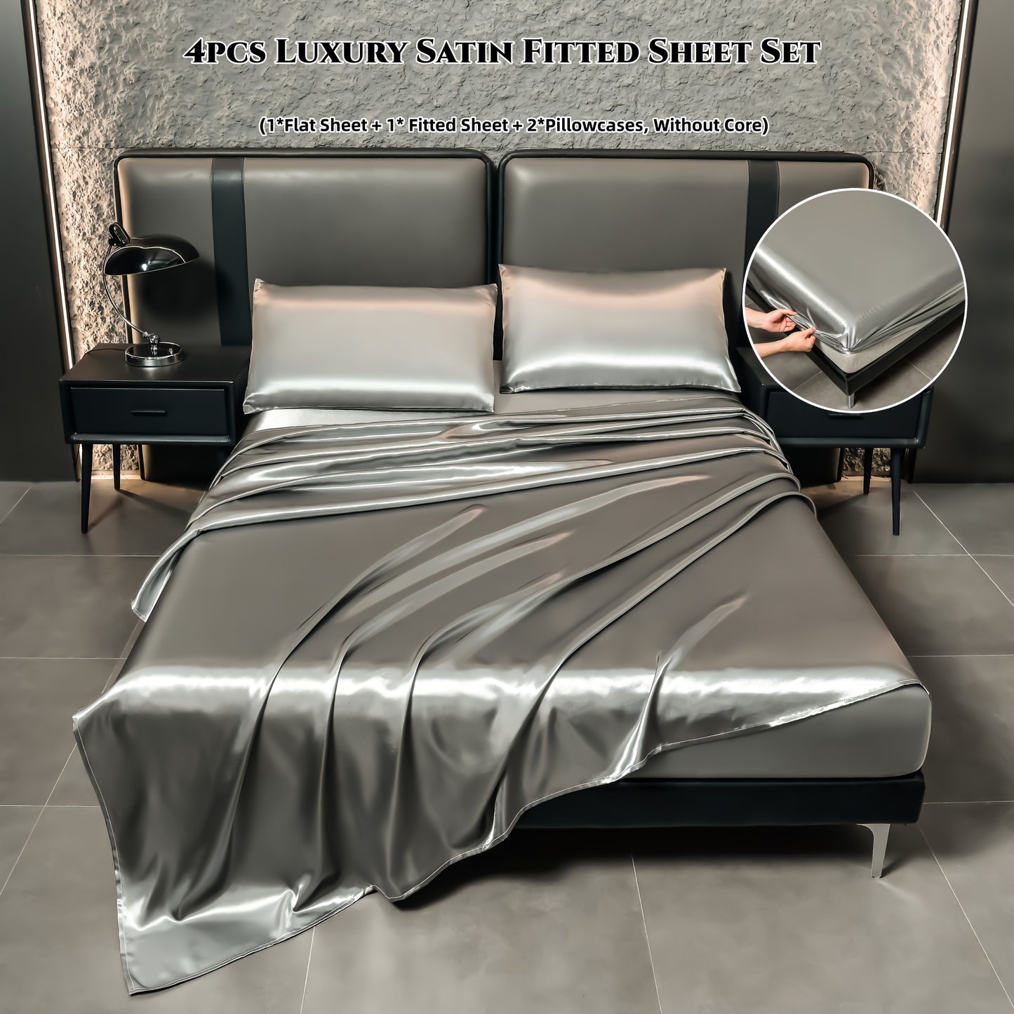 Deluxe satin fitted bed sheet set (1pc flat bed sheet +1pc fitted bed sheet +2pcs pillowcase, without core) high brightness, non-slip, breathable, reversible, long washing as new, suitable for bedrooms, guest rooms, hote