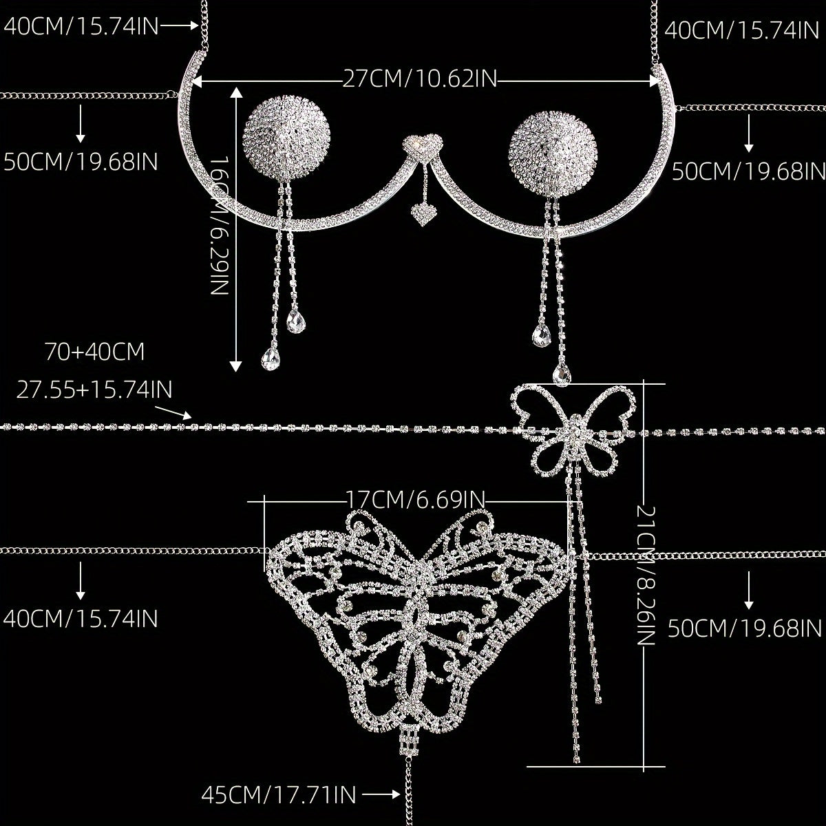 Set Women'S Sexy Exaggerated Sparkling Rhinestone Bikini Thong Body Chain Ensemble, Silver Plated, All-Year Round, Party Style, Fashion Jewelry Accessories 4pcs