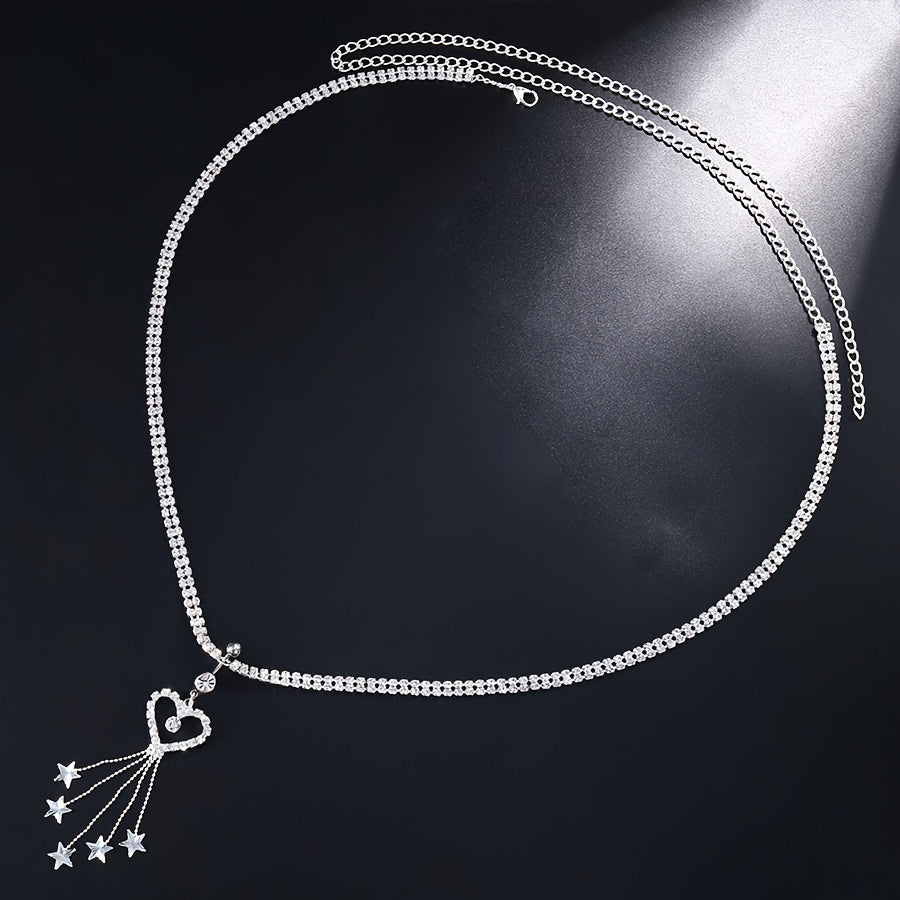 Chic Silvery Tassel Heart Belly Button Ring - Sexy Rhinestone Waist Chain for Women, Perfect for Parties & Festivals