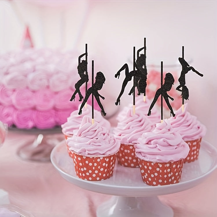 12PCS Sports Themed Pole Dancer Cake Toppers - Versatile Paper Cupcake Picks for Birthday, Anniversary, Bachelor Party, Bar & Bat Mitzvah - Elegant Black Glitter Decorations, No Feather, Non-Electric