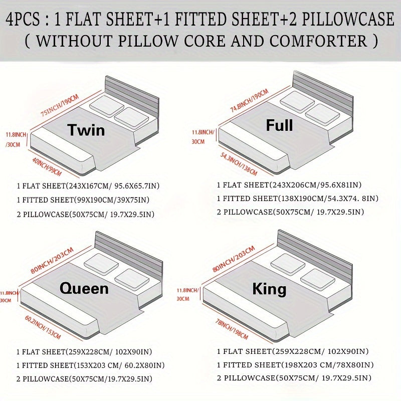 Deluxe satin fitted bed sheet set (1pc flat bed sheet +1pc fitted bed sheet +2pcs pillowcase, without core) high brightness, non-slip, breathable, reversible, long washing as new, suitable for bedrooms, guest rooms, hote
