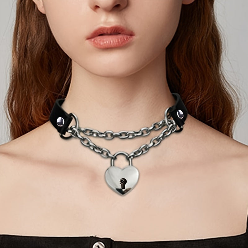 Gothic Sexy Black PU Leather Choker with Heart Lock Pendant - Daily & Halloween Accessory, No Mosaic, Unique Holiday Themed Necklace for Summer