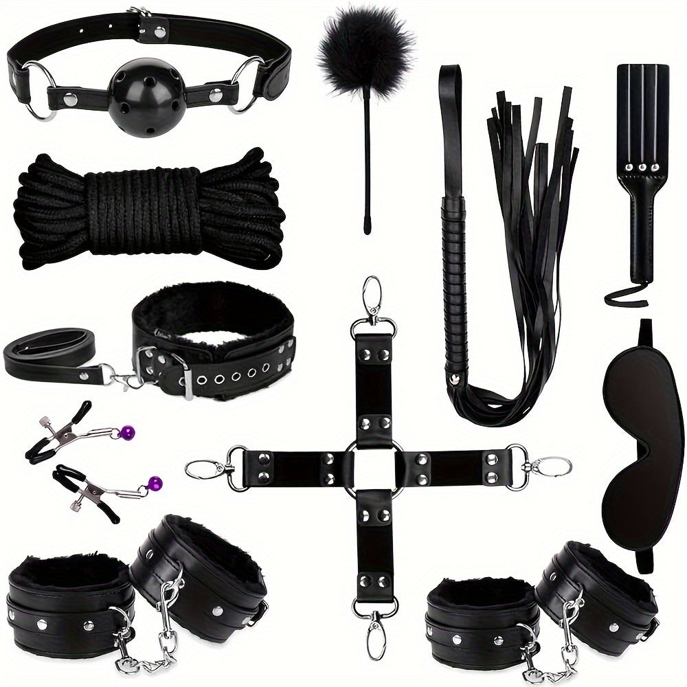 11pcs BDSM Bondage Adult Play Bondage Gag Blindfold Spanking Paddle Safe Bed BDSM Kit Cuffs Nipple Clamps Whip Ball Gag Rope Role Play Sex Toy For Women Couple (Black)