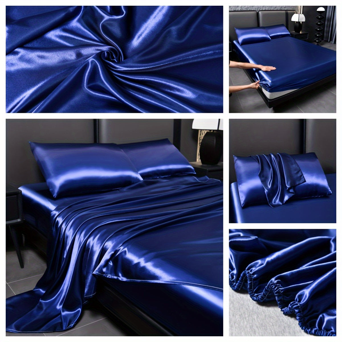 Deluxe satin fitted bed sheet set (1pc flat bed sheet +1pc fitted bed sheet +2pcs pillowcase, without core) high brightness, non-slip, breathable, reversible, long washing as new, suitable for bedrooms, guest rooms, hote