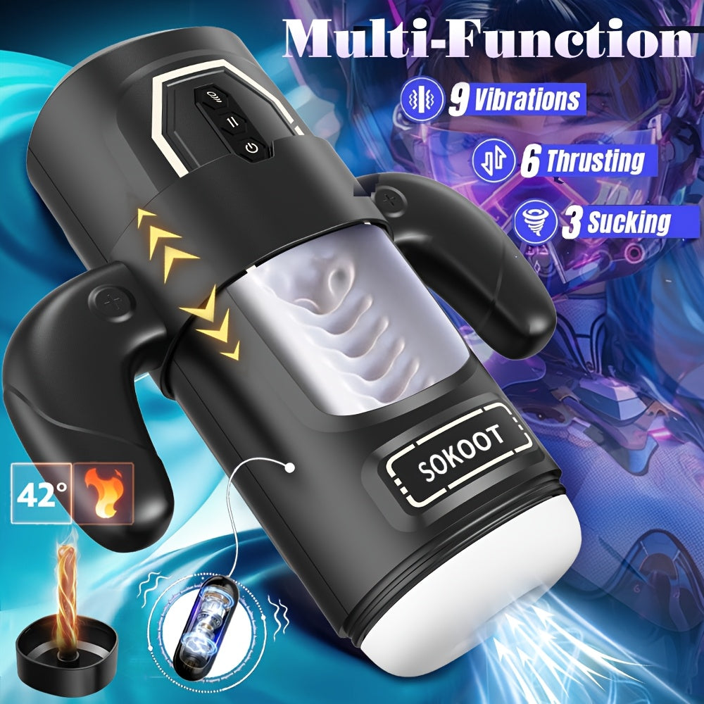 SOKOOT Electric Masturbator for Men - Silicone Vibration Masturbation Cup with 9 Vibrations, 6 Thrusting, 3 Sucking Modes, Heating, Auto Sucking, Detachable Handle, Penis Pump Pocket Girth Wrap, Intensifying Stamina Train