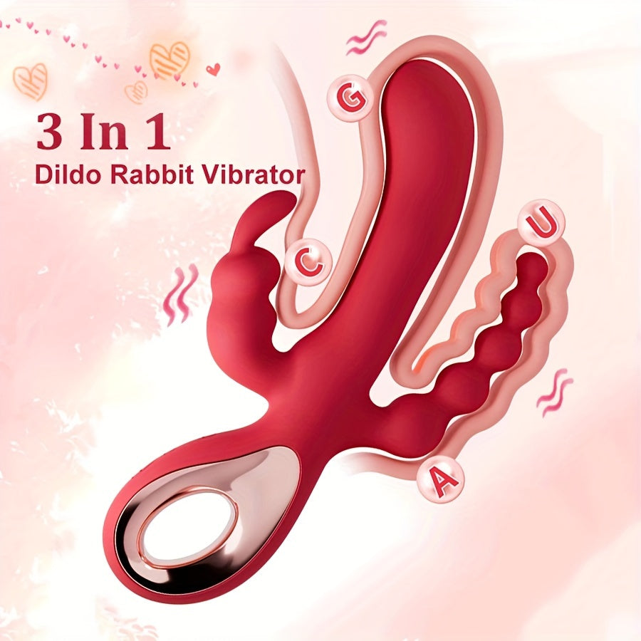 0015 3 In 1 Rabbit Vibrator G-Spot Clitoral Anal Dildo For Women, Double Motor Stimulation, 10 Vibration Modes, Rechargeable, Quiet, Adult Sex Toy For Solo Or Couples Female Sex Toy 1pc