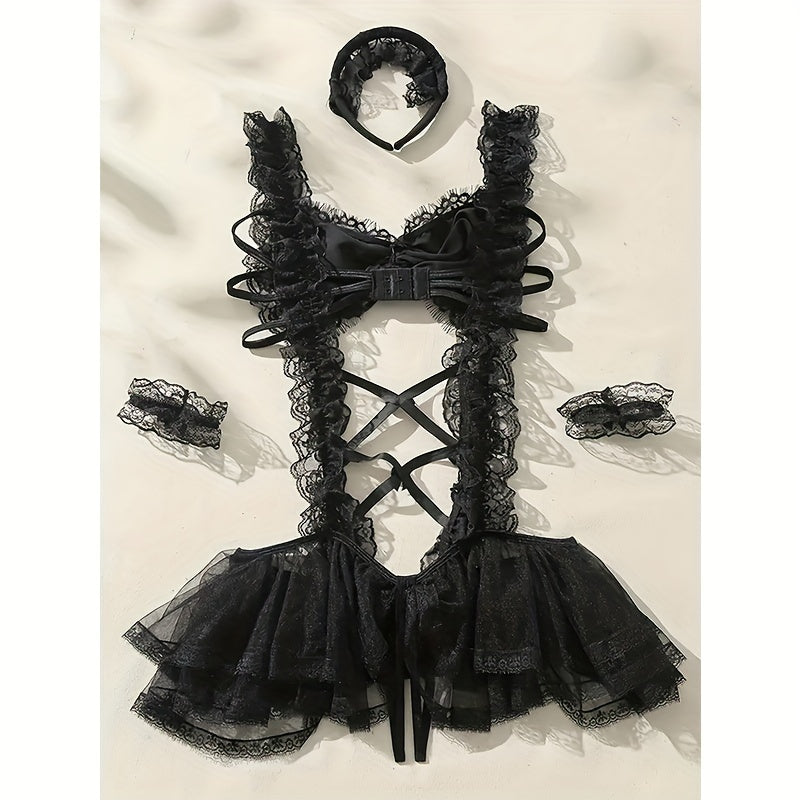 Cute Embroidered Mesh Teddy Bodysuit with Lace Trim, Geometric Pattern, Bow Detail, Adjustable Lace Dress - Includes Matching Hand and Head Accessories - Adult Polyester Blend Lingerie Set