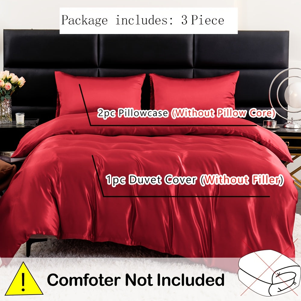 3pcs Luxurious Satin Bedding Set - Soft & Breathable Polyester, Includes 1 Duvet Cover and 2 Pillowcases, Machine Washable, Perfect for All Seasons