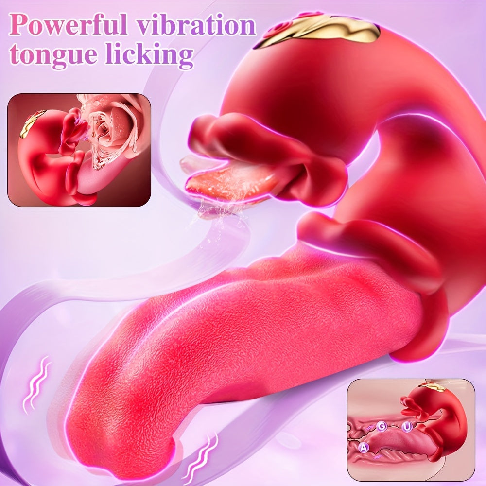 Female Vibrator Adult Toys - 4-in-1 Tongue Push Vibrator Rose Sex Toys, 10 Licking and Swinging Modes, Pleasure Tool, Suitable for Female Couples to Play
