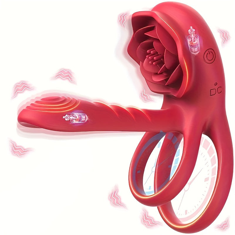 Double Vibrating Cock Ring with Rose Clitoral Stimulator, Electric Penis Sleeve Vibrator Couples Adult Sex Toys with G Spot Clitoris Stimulating, Dual Motors & 9 Vibrations