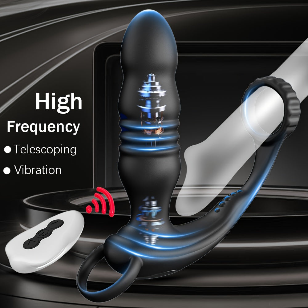 Black Blue Dual Motor Anal Plug Vibrator: Prostate Massager with Ring Plug, Remote Control, 10 Thrust & Vibration Modes, G-spot Stimulation , USB Charging, Latex Material