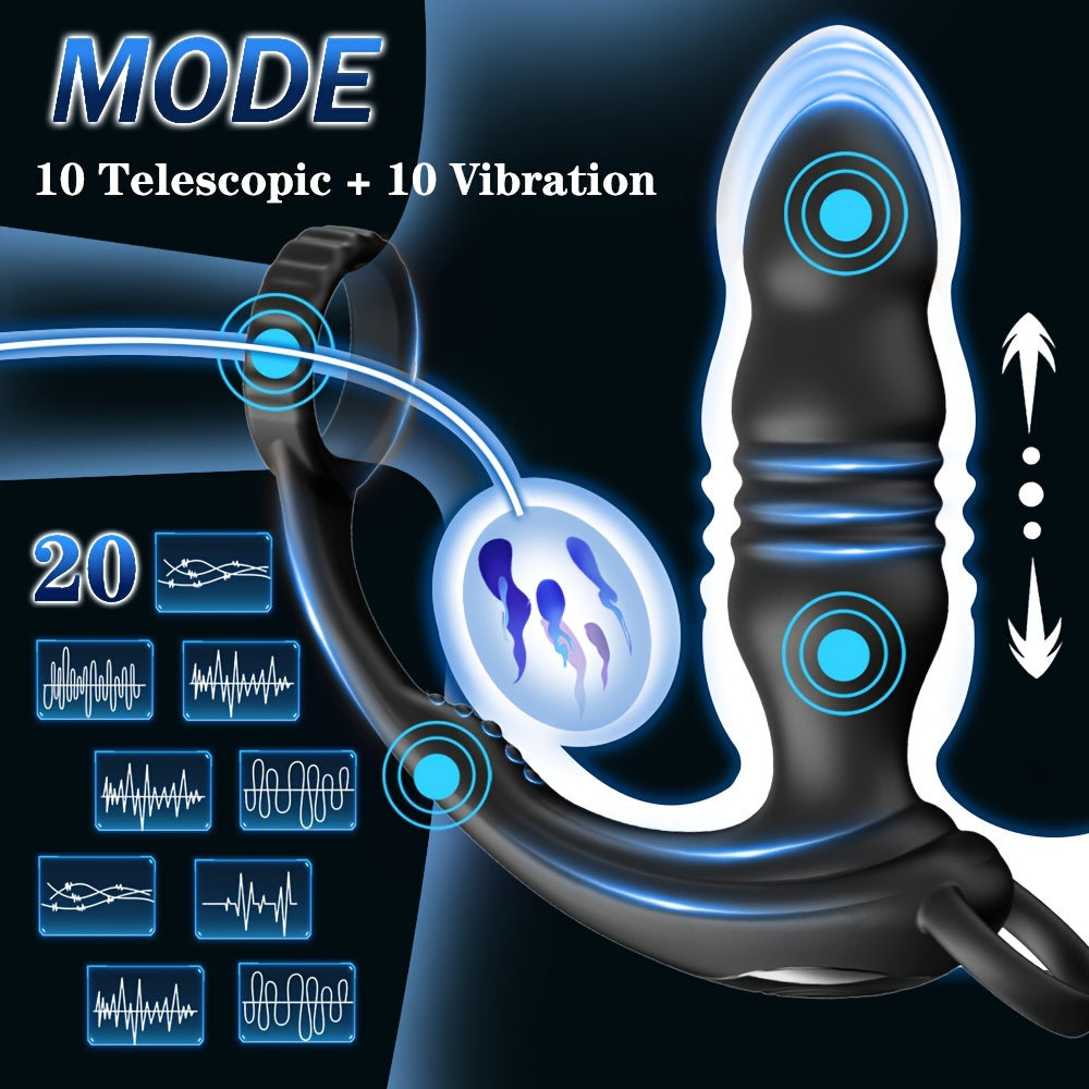 Black Blue Dual Motor Anal Plug Vibrator: Prostate Massager with Ring Plug, Remote Control, 10 Thrust & Vibration Modes, G-spot Stimulation , USB Charging, Latex Material