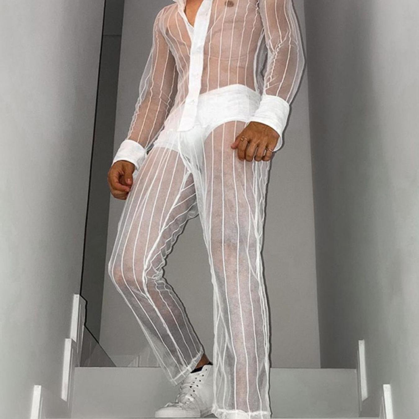 Men's Sexy Sheer Mesh 2pcs Set: Long Sleeve Shirt & Pants - Breathable, Stretch Fabric for Nightclub Wear