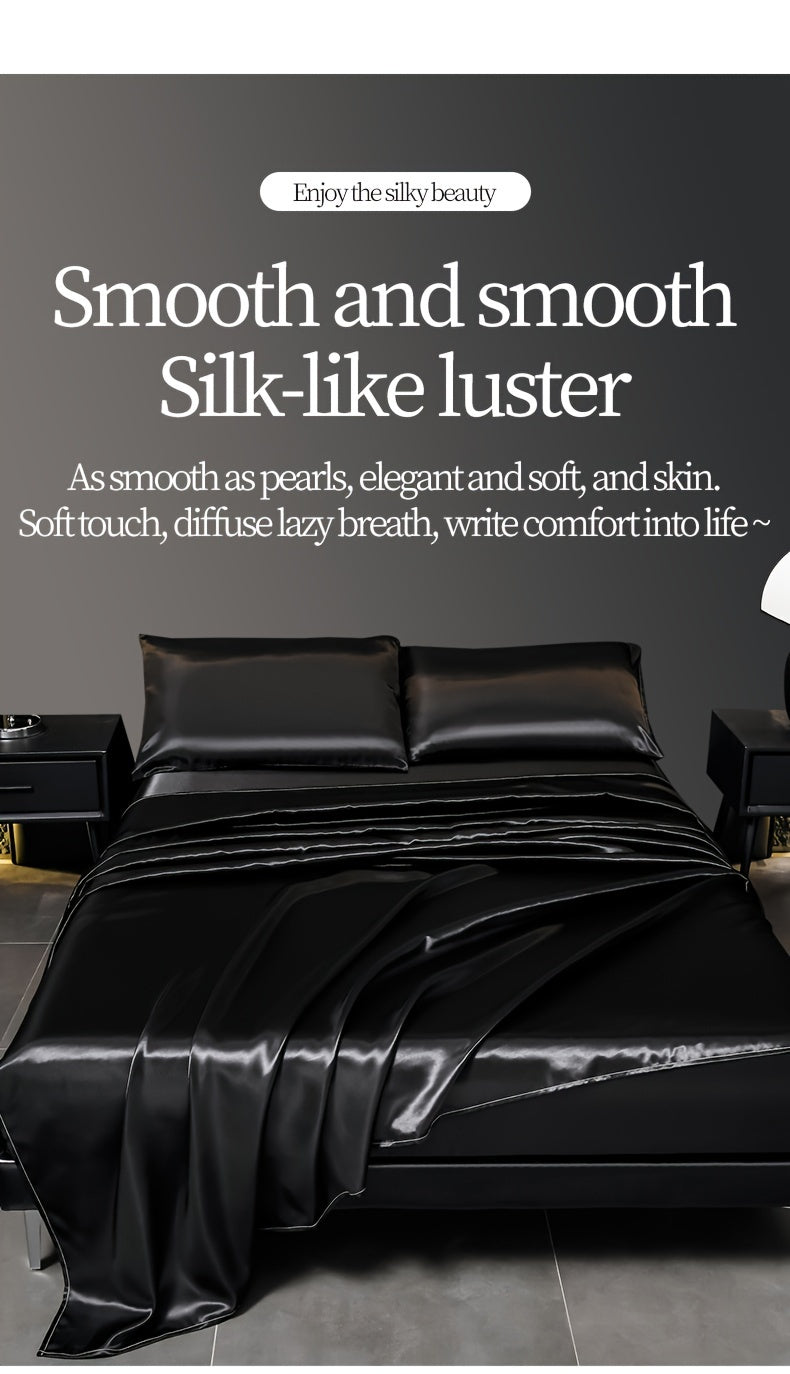 Deluxe satin fitted bed sheet set (1pc flat bed sheet +1pc fitted bed sheet +2pcs pillowcase, without core) high brightness, non-slip, breathable, reversible, long washing as new, suitable for bedrooms, guest rooms, hote