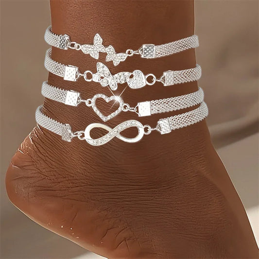 1-4PCS Shiny Heart Butterfly Rhinestone Anklet Set