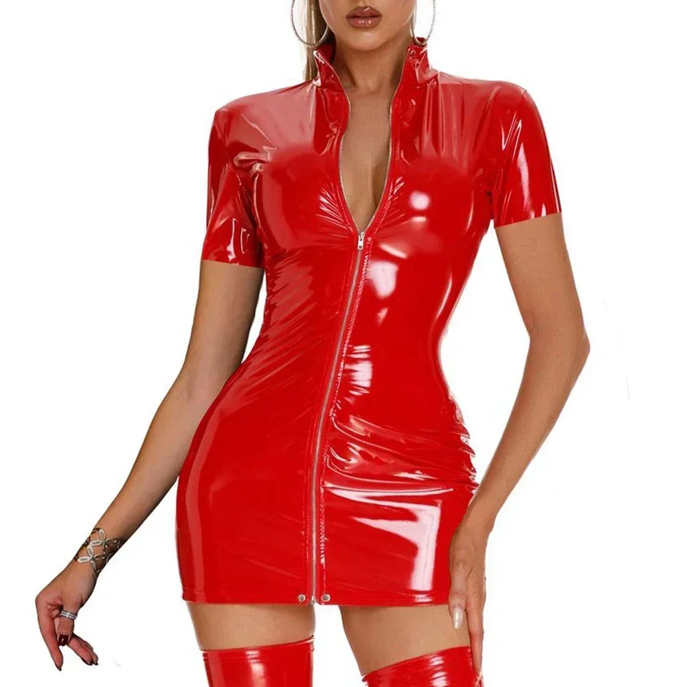 0018Dare to Be Different in This Women's Short Sleeve Bodycon Dress Faux Latex Wetlook Leather in Black or Red Sizes M 3XL