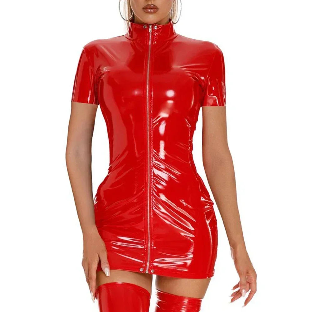 0018Dare to Be Different in This Women's Short Sleeve Bodycon Dress Faux Latex Wetlook Leather in Black or Red Sizes M 3XL