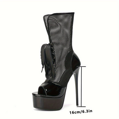 Sexy High Heel Ankle Boots with Lace-Up Design And Mesh Toe - Waterproof Platform, Pure Color, And Unwashable